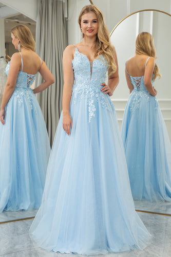 Light Blue A-line Tulle Spaghetti Straps Prom Dress with Appliques