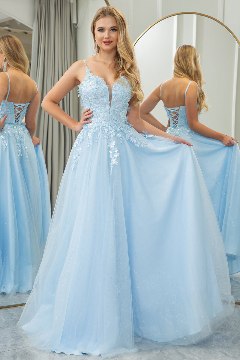 Load image into Gallery viewer, Light Blue A-line Tulle Spaghetti Straps Prom Dress with Appliques