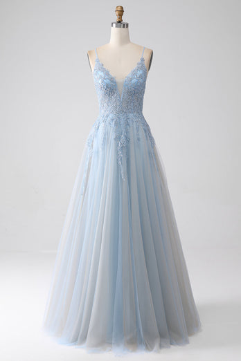 A-Line Spaghetti Straps Grey Blue Prom Dress with Beading