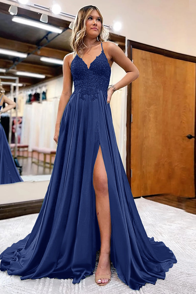 Load image into Gallery viewer, A Line Lilac Satin Beaded Prom Dress with Slit