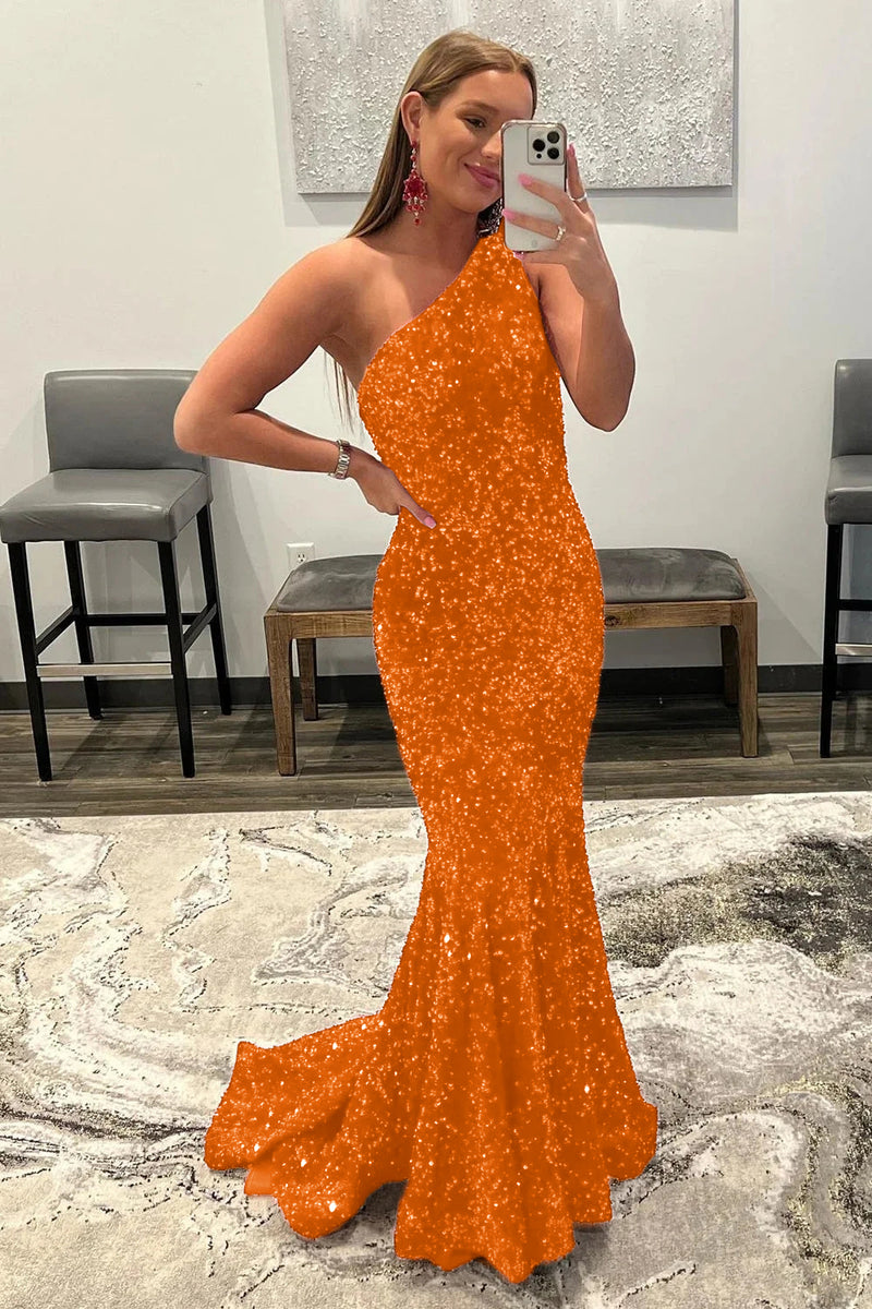 Load image into Gallery viewer, Coral One Shoulder Sequins Mermaid Sparkly Prom Dress