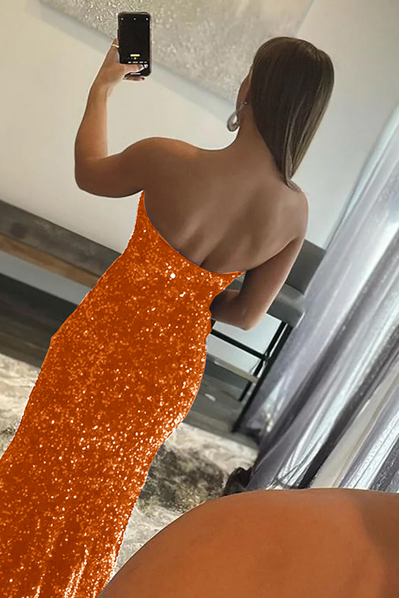 Load image into Gallery viewer, Orange Mermaid Strapless Sequins Long Prom Dress with Slit