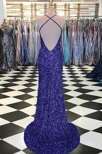 Sky Blue Spaghetti Straps Sequins Mermaid Long Prom Dress