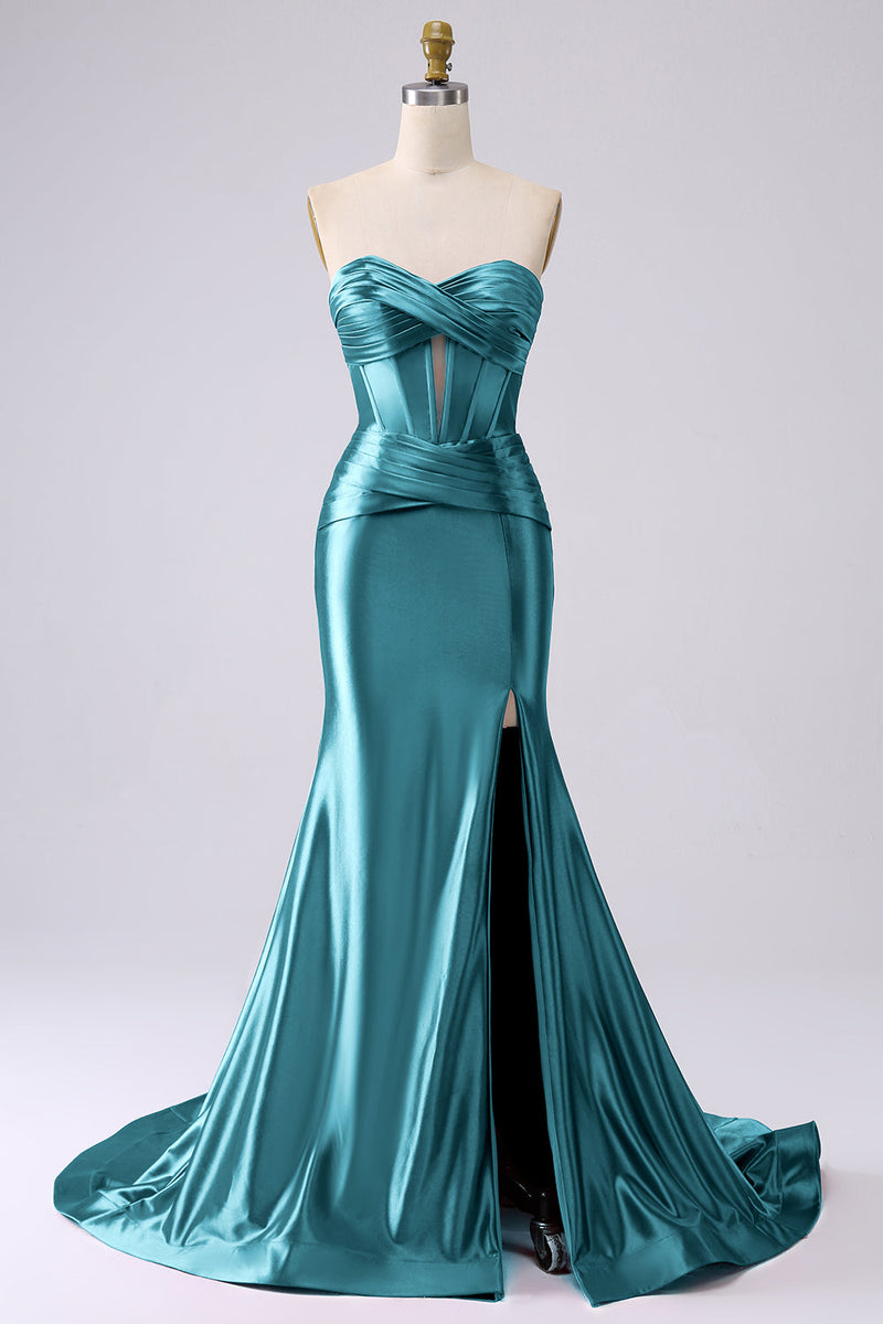 Load image into Gallery viewer, Sparkly Darrk Navy Mermaid Sweetheart Corset Long Prom Dress with Slit