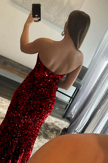 Orange Mermaid Strapless Sequins Long Prom Dress with Slit