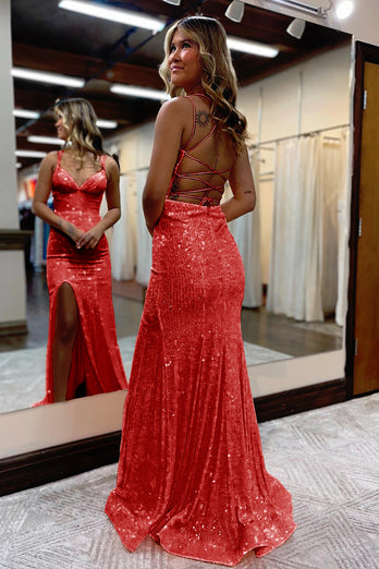 Mermaid Spaghetti Straps Orange Sparkly Prom Dress with Sequins