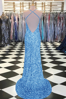 Sky Blue Spaghetti Straps Sequins Mermaid Long Prom Dress