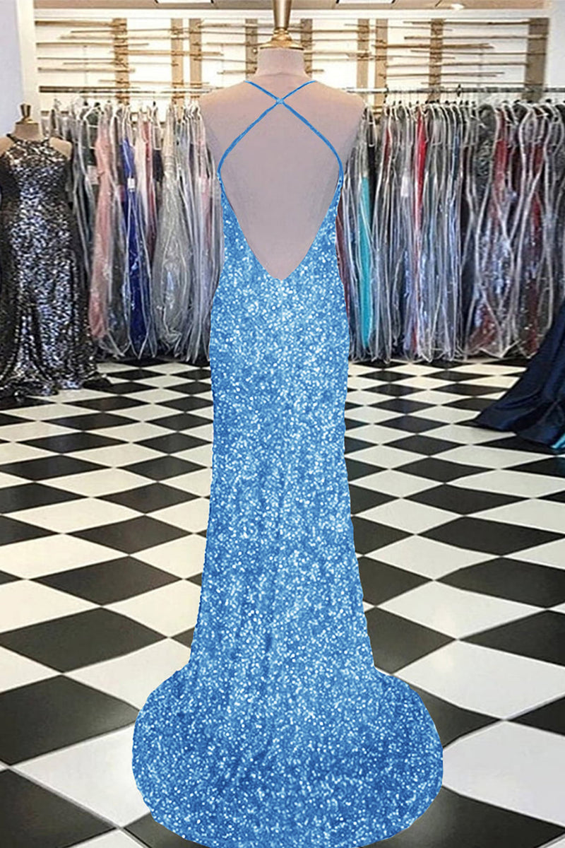 Load image into Gallery viewer, Sky Blue Spaghetti Straps Sequins Mermaid Long Prom Dress