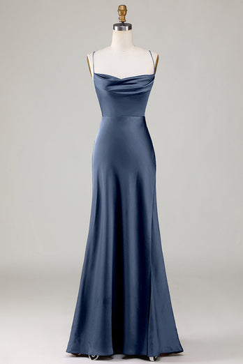 Dusty Blue Lace-Up Back Satin Simple Prom Dress with Slit