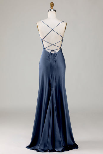 Dusty Blue Lace-Up Back Satin Simple Prom Dress with Slit