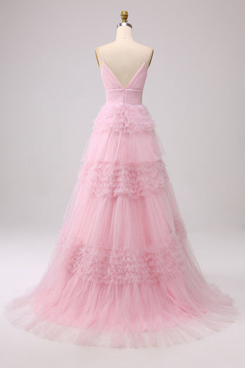 A Line Spaghetti Straps Pink Princess Prom Dress with Ruffles