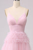 Load image into Gallery viewer, A Line Spaghetti Straps Pink Princess Prom Dress with Ruffles