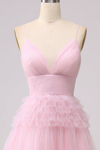 A Line Spaghetti Straps Pink Princess Prom Dress with Ruffles