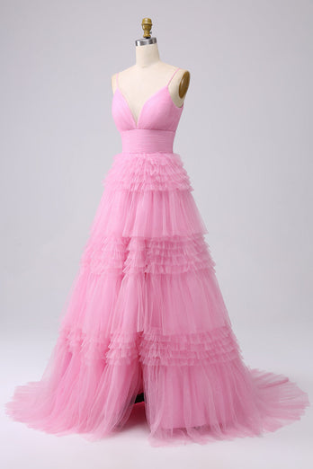 A Line Spaghetti Straps Pink Princess Prom Dress with Ruffles