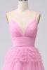 Load image into Gallery viewer, A Line Spaghetti Straps Pink Princess Prom Dress with Ruffles