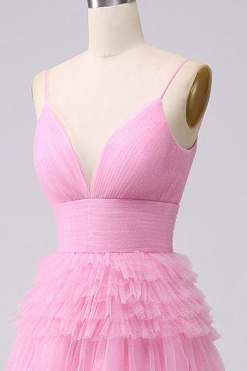 A Line Spaghetti Straps Pink Princess Prom Dress with Ruffles