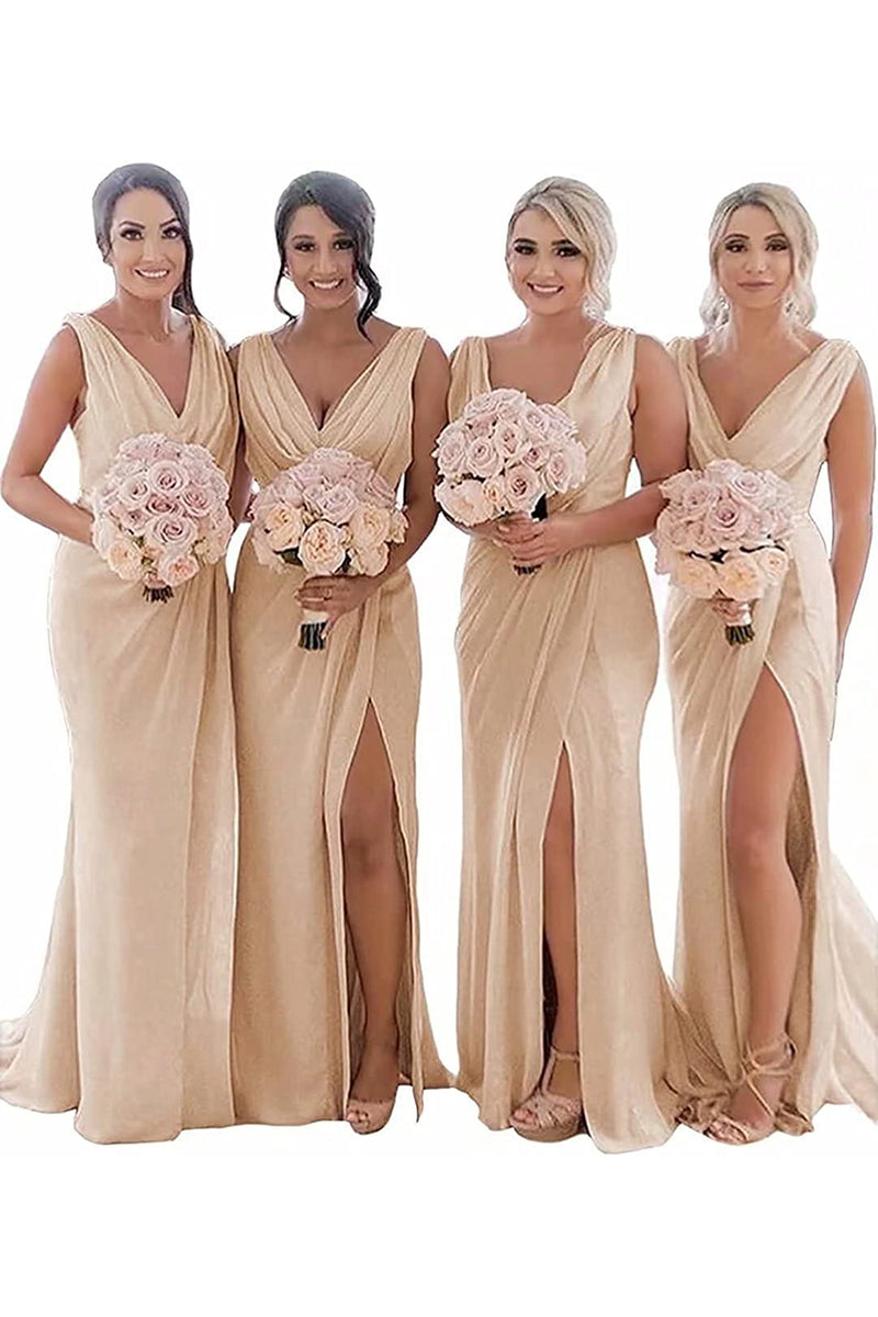 Load image into Gallery viewer, Champagne Sleeveless Chiffon Bridesmaid Dresses With Pleated Split