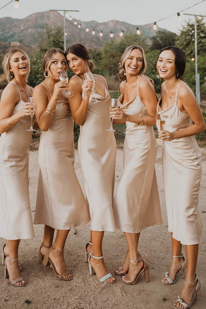 Load image into Gallery viewer, Champagne Cowl Neck Tea-Length Satin Bridesmaid Dress with Sleeveless