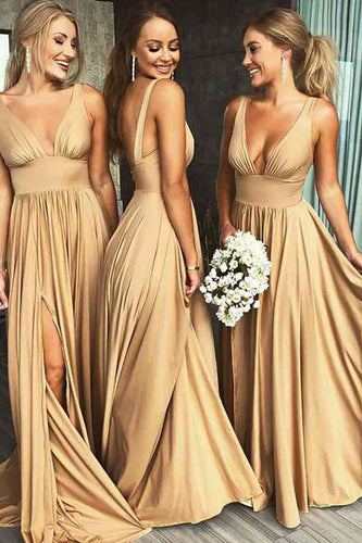 A-Line V-Neck Gold Bridesmaid Dress With Split Front