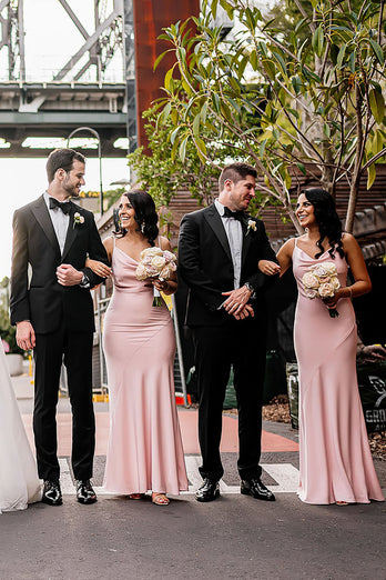 Pink Cowl Neck Satin Bridesmaid Dress With Pleated