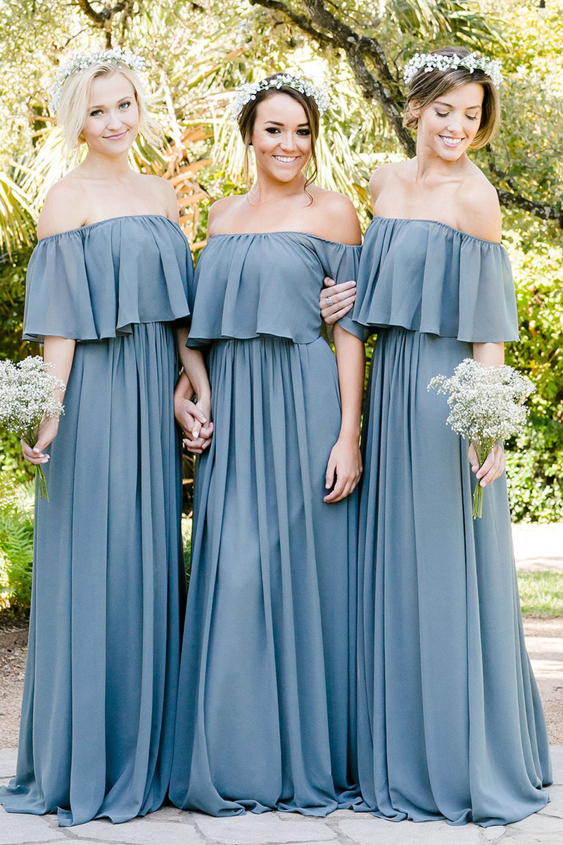 Load image into Gallery viewer, Off the Shoulder A Line Blue Chiffon Bridesmaid Dress with Pleated