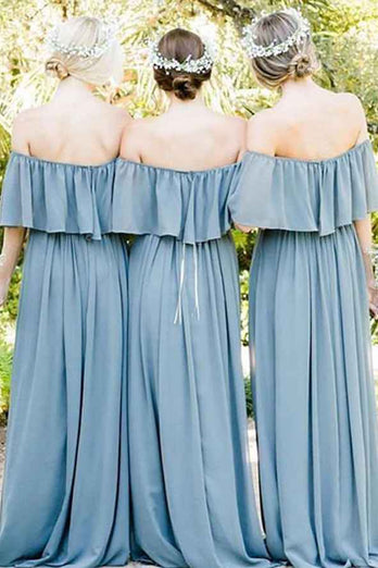 Off the Shoulder A Line Blue Chiffon Bridesmaid Dress with Pleated