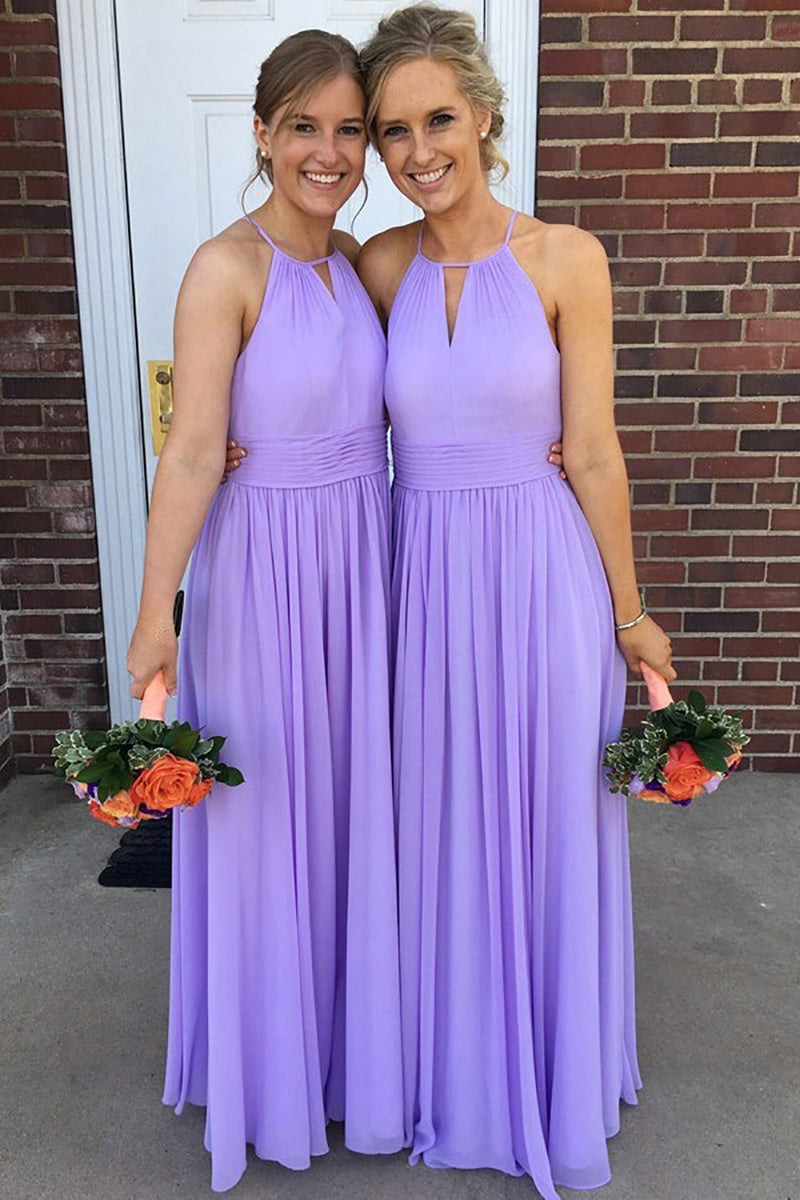 Load image into Gallery viewer, Purple A Line Halter Chiffon Bridesmaid Dress with Pleated