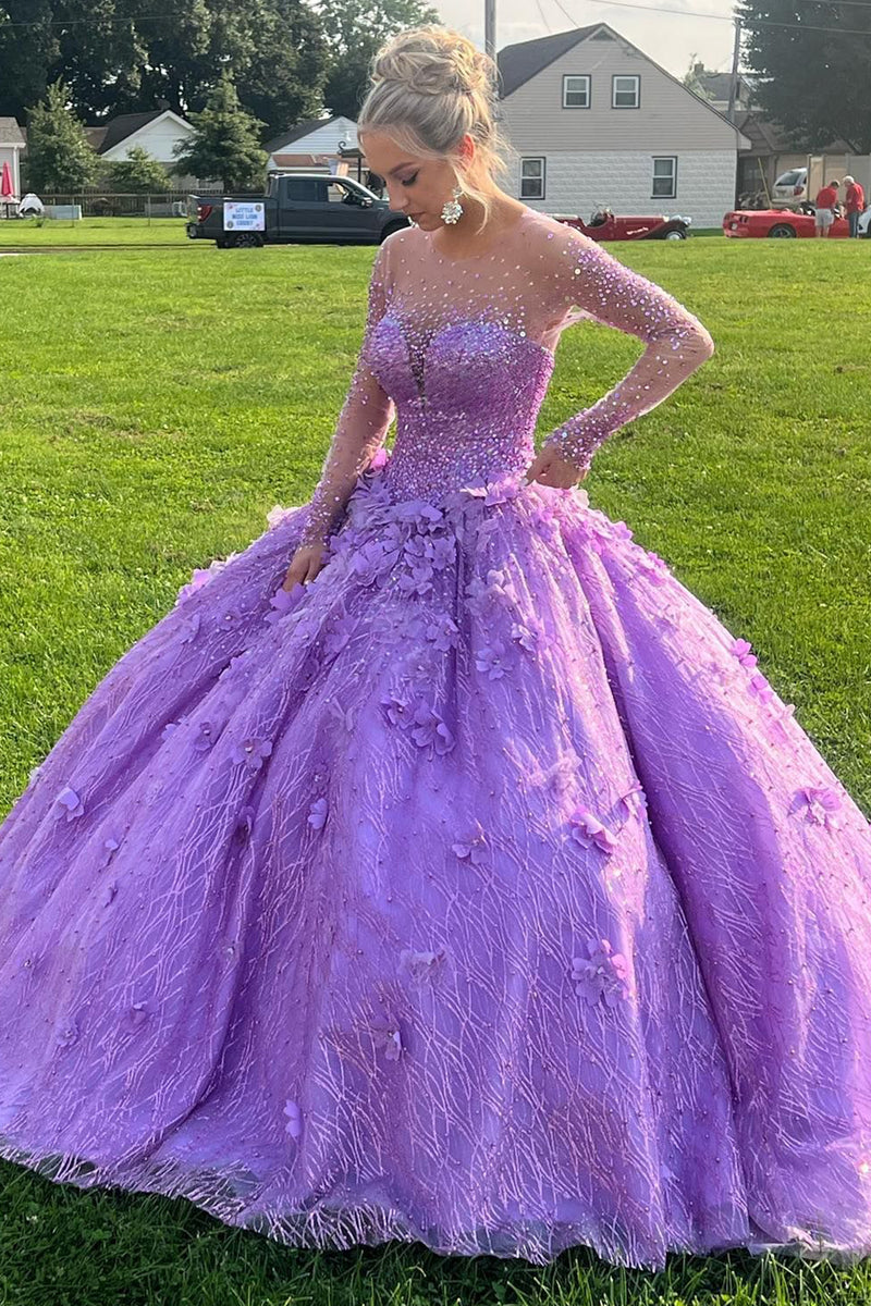 Load image into Gallery viewer, Purple Sparkly Beaed Quinceanera Dresses with Long Sleeves