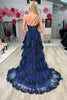 Load image into Gallery viewer, One Shoulder Tiered Navy Corset Prom Dress with Slit