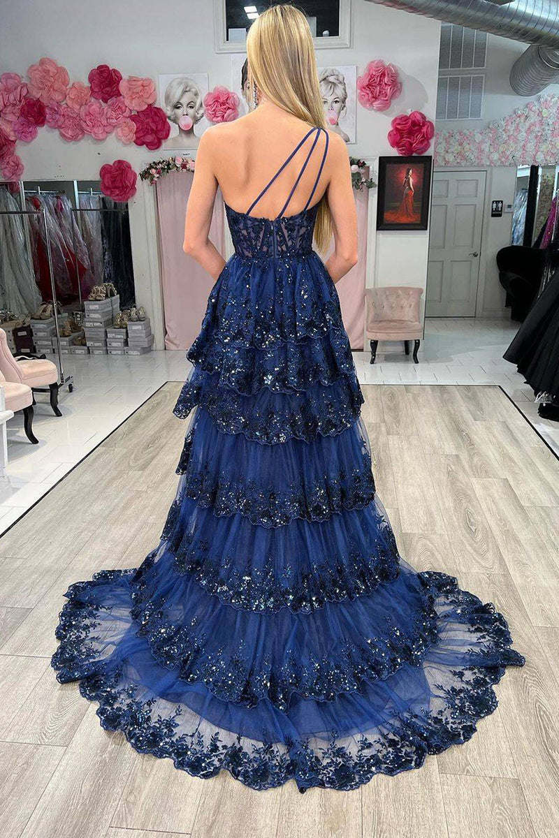 Load image into Gallery viewer, One Shoulder Tiered Navy Corset Prom Dress with Slit