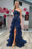 Load image into Gallery viewer, One Shoulder Tiered Navy Corset Prom Dress with Slit