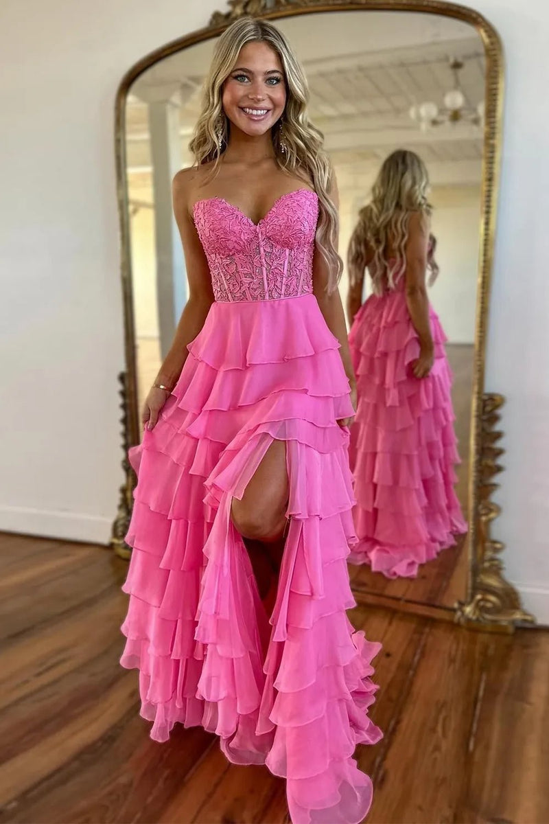 Load image into Gallery viewer, Hot Pink Strapless Tiered Corset Prom Dress with Slit