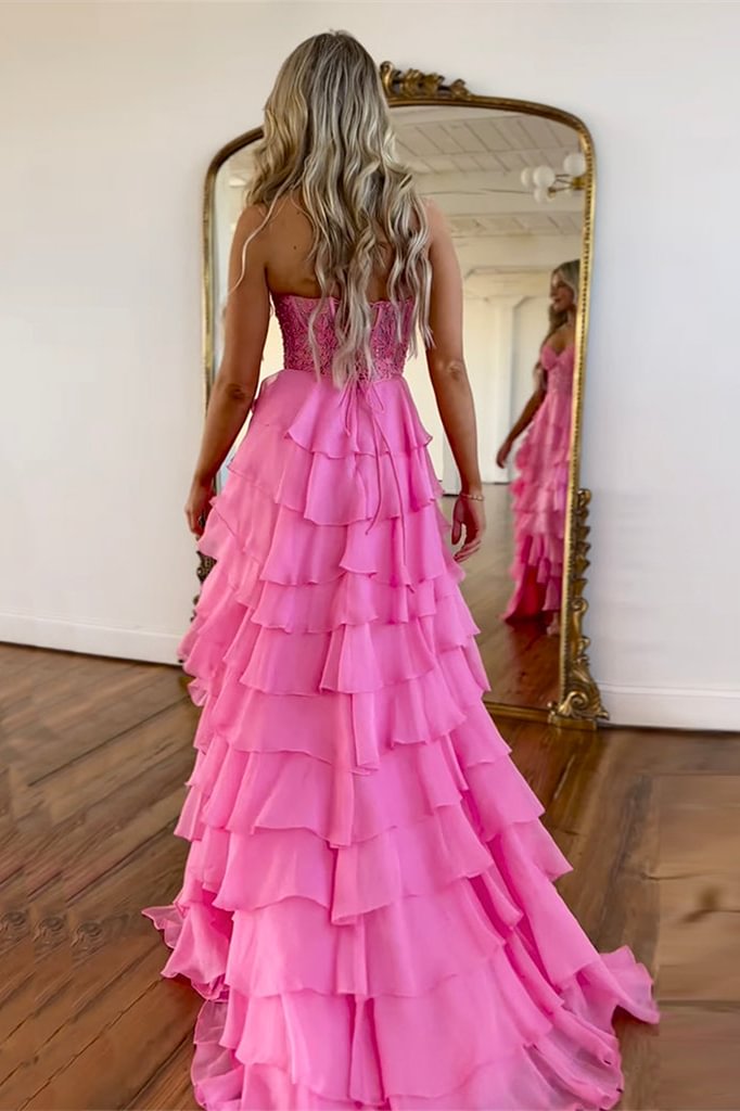 Load image into Gallery viewer, Hot Pink Strapless Tiered Corset Prom Dress with Slit