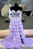 Load image into Gallery viewer, Hot Pink Strapless Tiered Corset Prom Dress with Slit