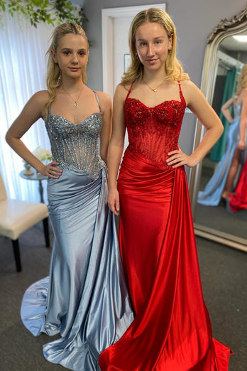 Mermaid Sparkly Spaghetti Straps Long Prom Dress with Slit