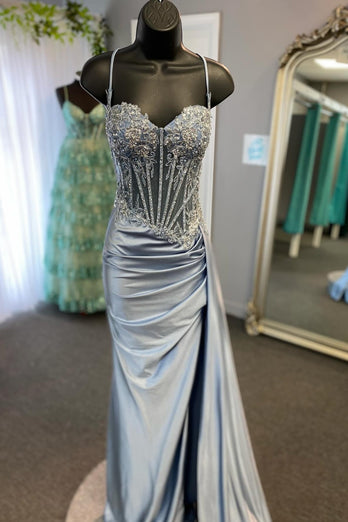 Mermaid Sparkly Spaghetti Straps Long Prom Dress with Slit