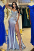 Load image into Gallery viewer, Silver Mermaid Long Pleated Corset Prom Dress with Slit