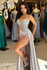 Load image into Gallery viewer, Silver Mermaid Long Pleated Corset Prom Dress with Slit