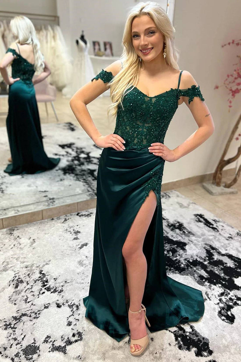 Load image into Gallery viewer, Dark Green Mermaid Satin Corset Prom Dress with Slit