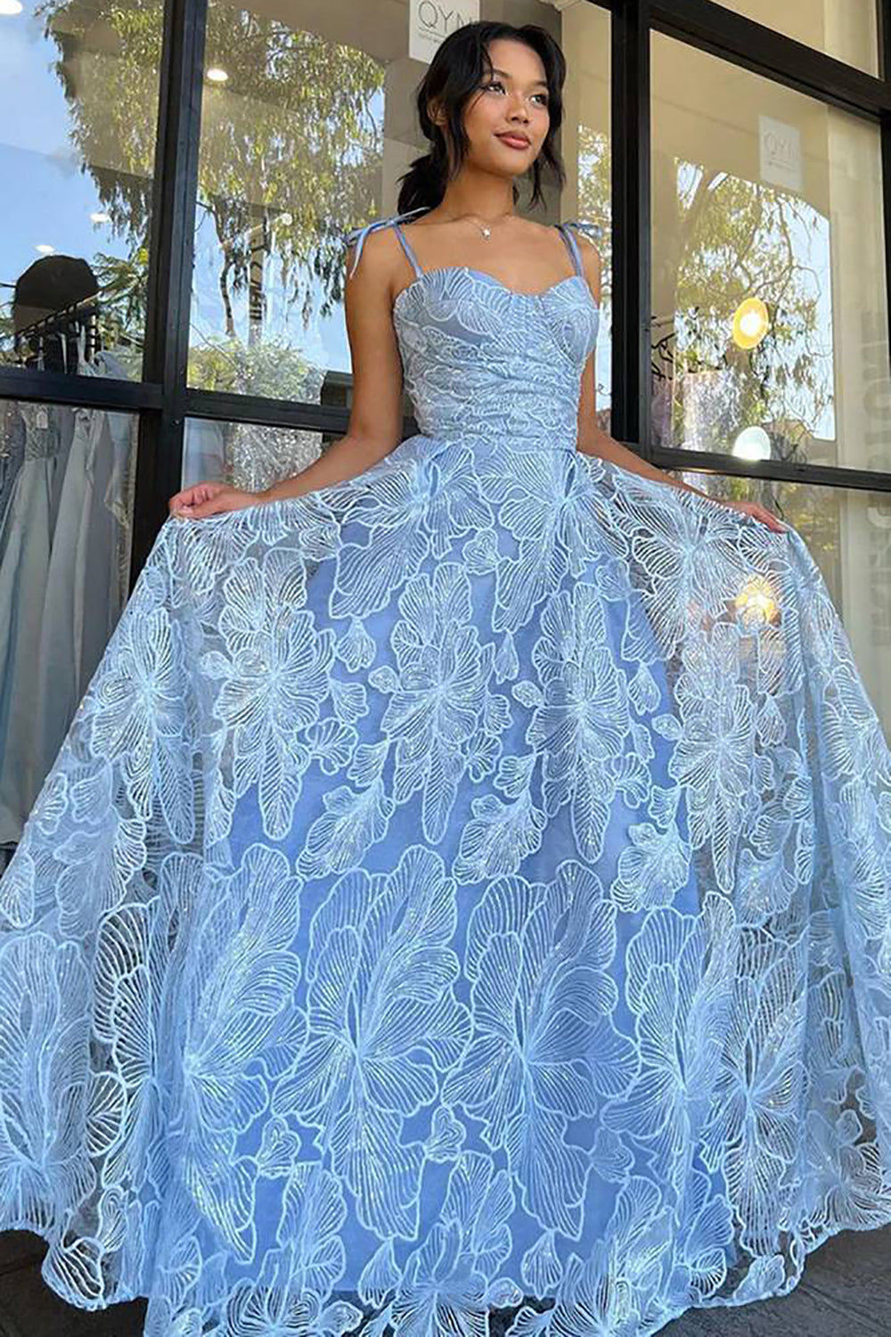 A Line Blue Spaghetti Straps Prom Dress