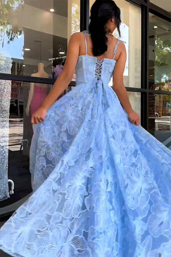 A Line Blue Spaghetti Straps Prom Dress