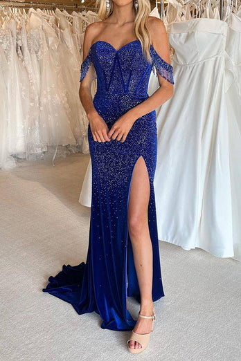 Royal Blue Beaded Corset Mermaid Prom Dress with Slit