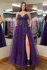 Load image into Gallery viewer, Tulle Grape Sequins A Line V Neck Prom Dress with Slit