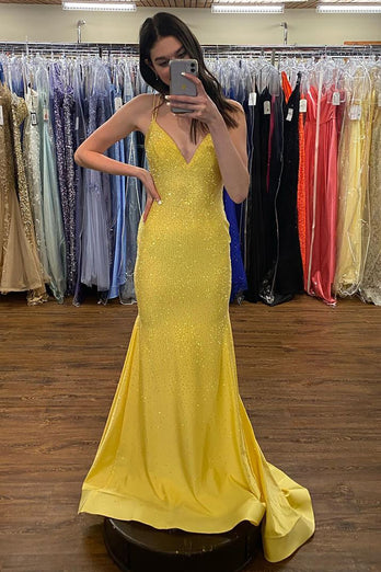 Sparkly Mermaid V Neck Long Prom Dress