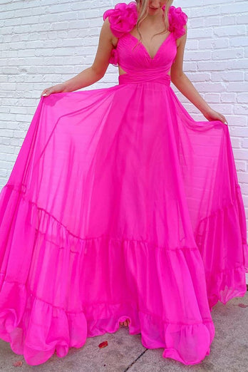 Hot Pink Flowers Tulle A Line V Neck Long Prom Dress