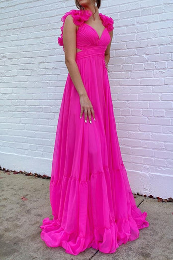 Hot Pink Flowers Tulle A Line V Neck Long Prom Dress