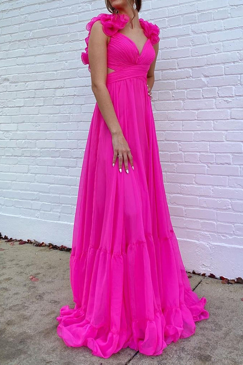 Load image into Gallery viewer, Hot Pink Flowers Tulle A Line V Neck Long Prom Dress