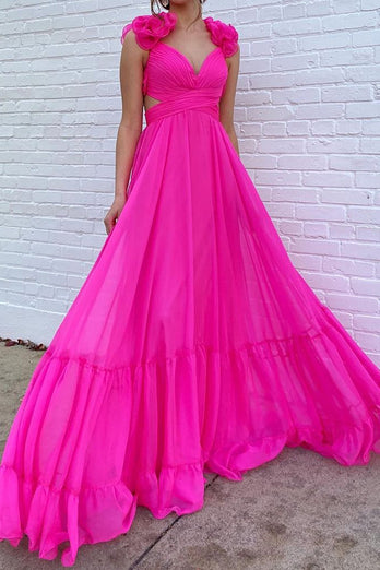 Hot Pink Flowers Tulle A Line V Neck Long Prom Dress