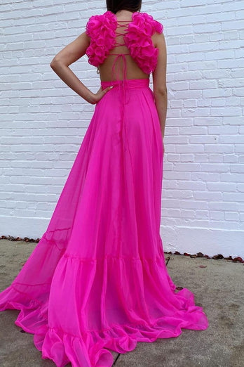 Hot Pink Flowers Tulle A Line V Neck Long Prom Dress