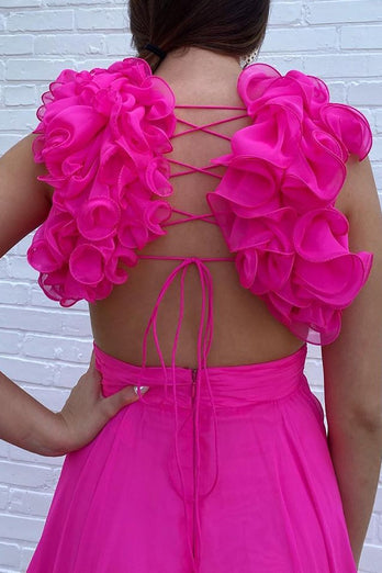 Hot Pink Flowers Tulle A Line V Neck Long Prom Dress